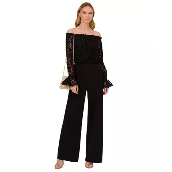 ADRIANNA PAPELL Plus Size 22W Black Off Shoulder Lace Crepe Jumpsuit cocktail - Picture 3 of 12